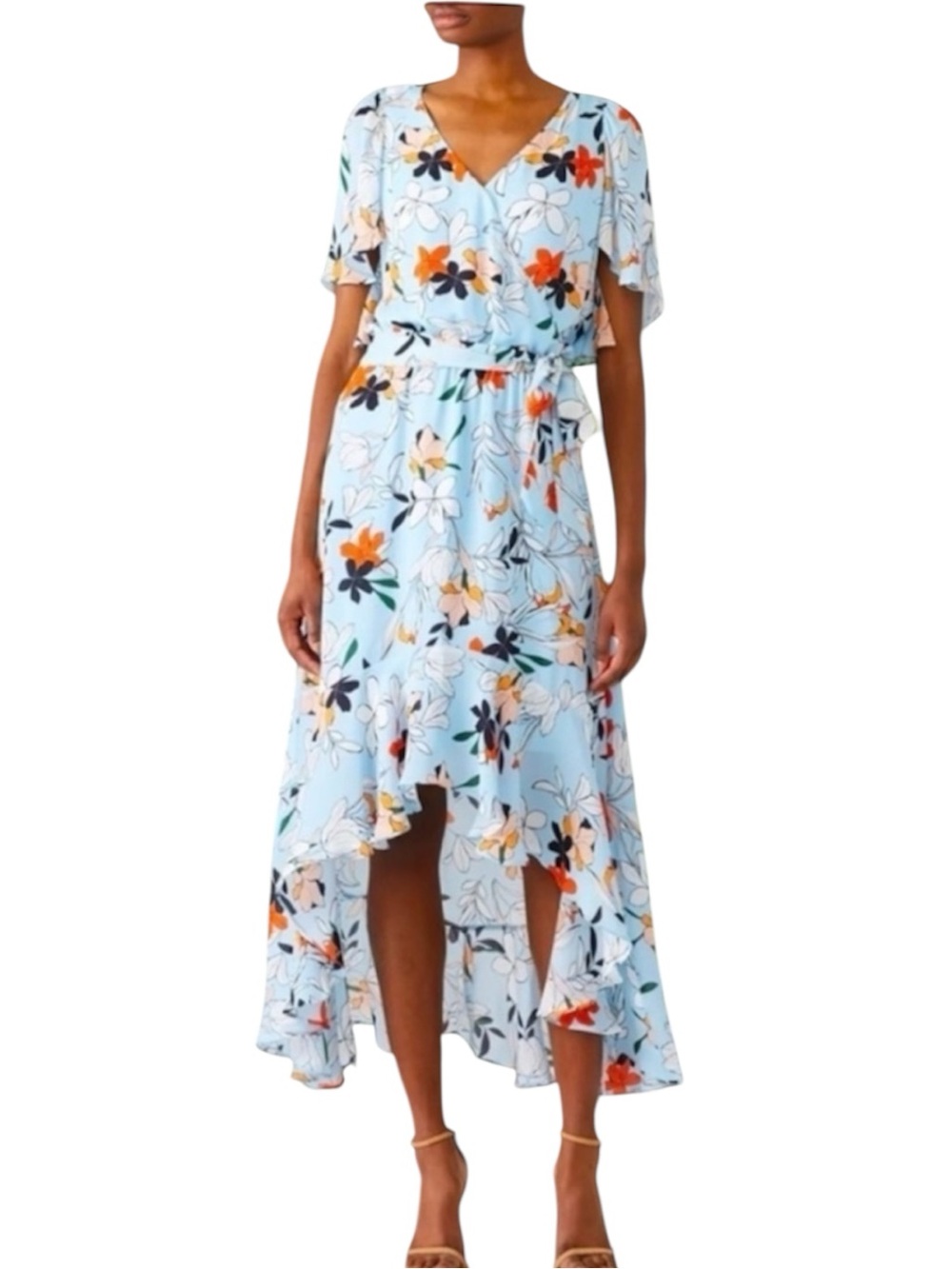 Parker Womens Demi Blue Orange Floral Botanical Silk Hi Lo Wrap Maxi Dress Sm